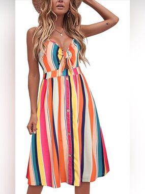 Colorful Striped Vacation Midi Dress XL Tie Front Pockets Resort